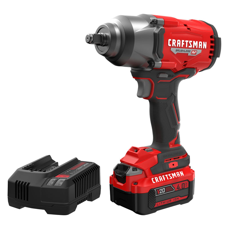 CRAFTSMAN V20* BRUSHLESS RP Cordless 1/2-Inch Impact Wrench with Hog Ring Anvil and (1) 4.0ah Battery and Charger - Reconditioned