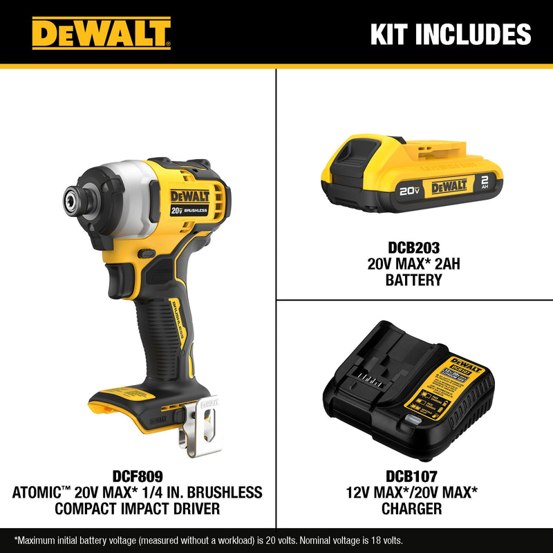 DEWALT ATOMIC 20V MAX* Brushless Cordless 1/4 in. Compact Impact Driver Kit - Reconditioned