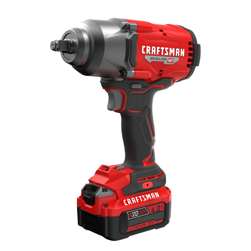 CRAFTSMAN V20* BRUSHLESS RP Cordless 1/2-Inch Impact Wrench with Hog Ring Anvil and (1) 4.0ah Battery and Charger - Reconditioned