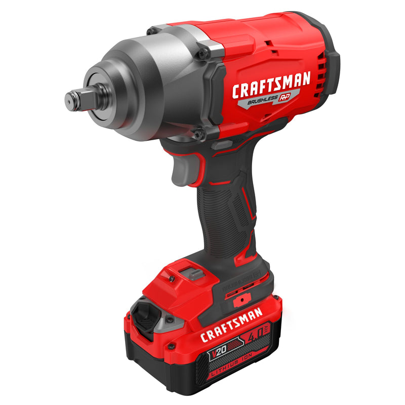 CRAFTSMAN V20* BRUSHLESS RP Cordless 1/2-Inch Impact Wrench with Hog Ring Anvil and (1) 4.0ah Battery and Charger - Reconditioned