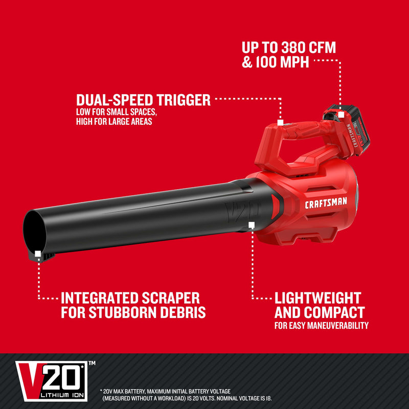 CRAFTSMAN V20* Cordless Axial Leaf Blower Kit with (1) 4.0Ah Battery and Charger - Reconditioned