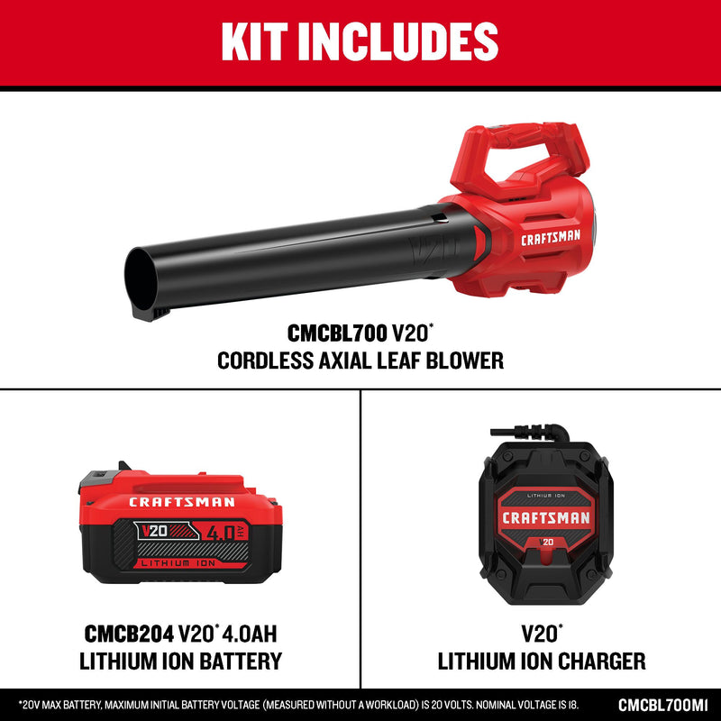 CRAFTSMAN V20* Cordless Axial Leaf Blower Kit with (1) 4.0Ah Battery and Charger - Reconditioned