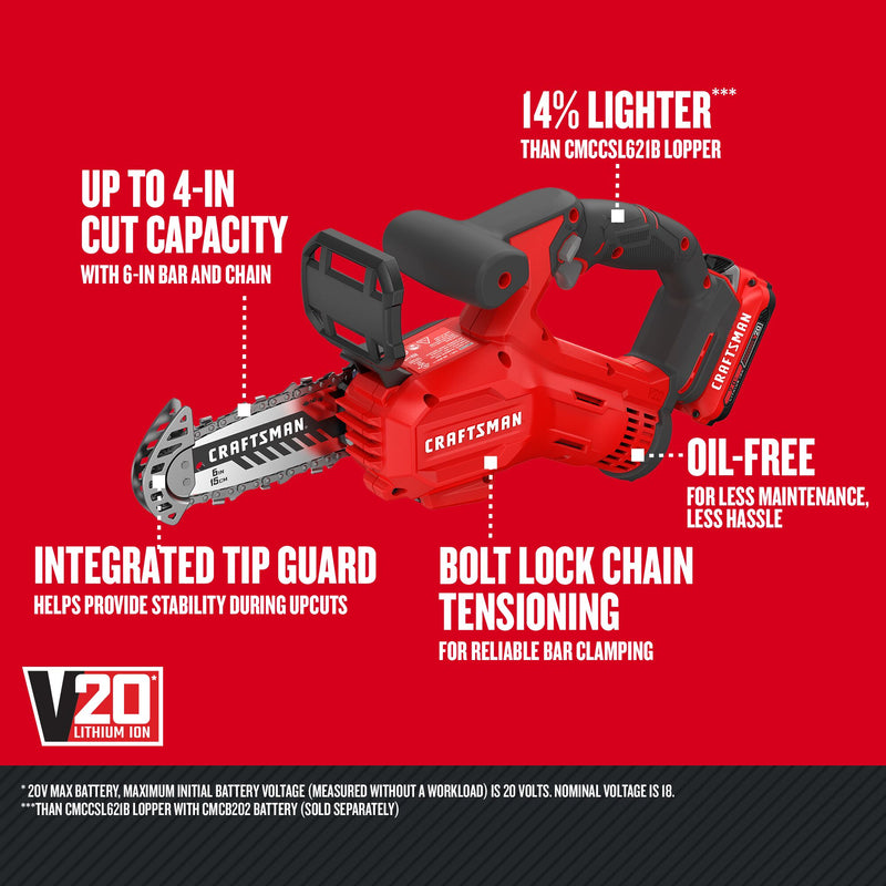 CRAFTSMAN V20* Cordless 6-Inch Pruning Chainsaw Kit with (1) 2.0 Ah Battery and Charger - Reconditioned