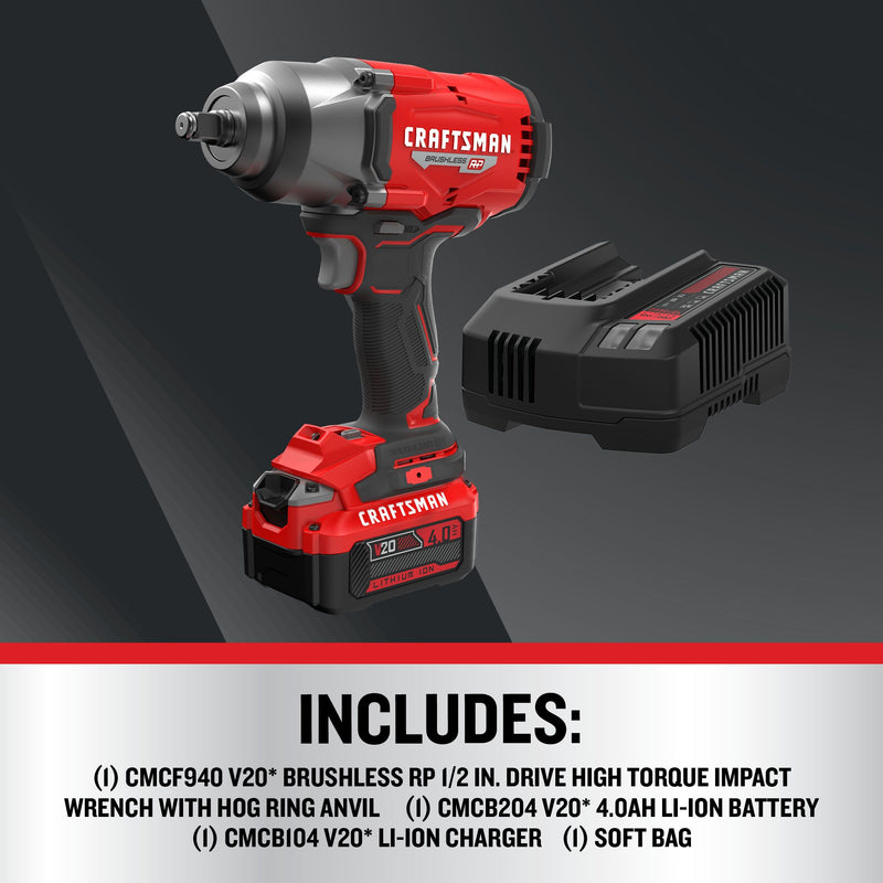 CRAFTSMAN V20* BRUSHLESS RP Cordless 1/2-Inch Impact Wrench with Hog Ring Anvil and (1) 4.0ah Battery and Charger - Reconditioned