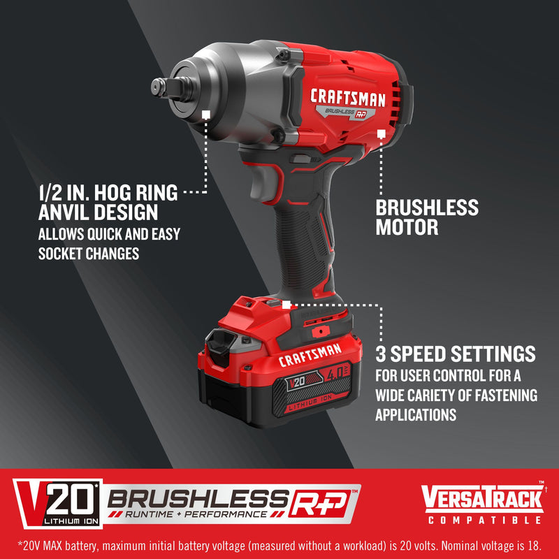 CRAFTSMAN V20* BRUSHLESS RP Cordless 1/2-Inch Impact Wrench with Hog Ring Anvil and (1) 4.0ah Battery and Charger - Reconditioned