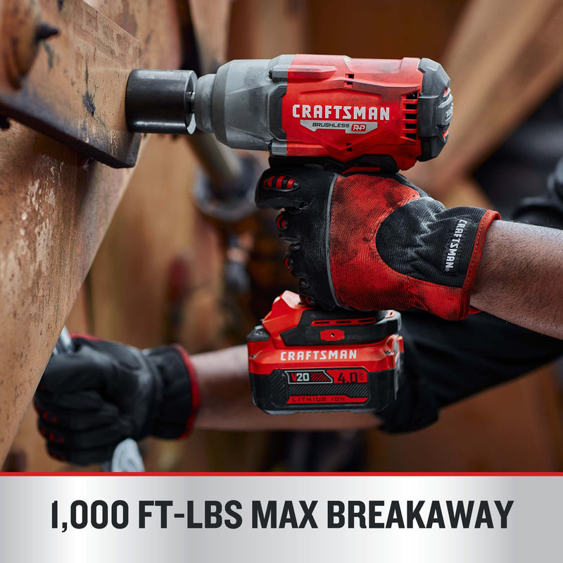 CRAFTSMAN V20* BRUSHLESS RP Cordless 1/2-Inch Impact Wrench with Hog Ring Anvil and (1) 4.0ah Battery and Charger - Reconditioned