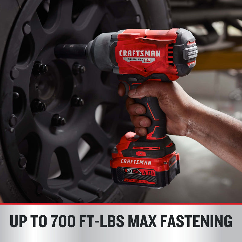 CRAFTSMAN V20* BRUSHLESS RP Cordless 1/2-Inch Impact Wrench with Hog Ring Anvil and (1) 4.0ah Battery and Charger - Reconditioned