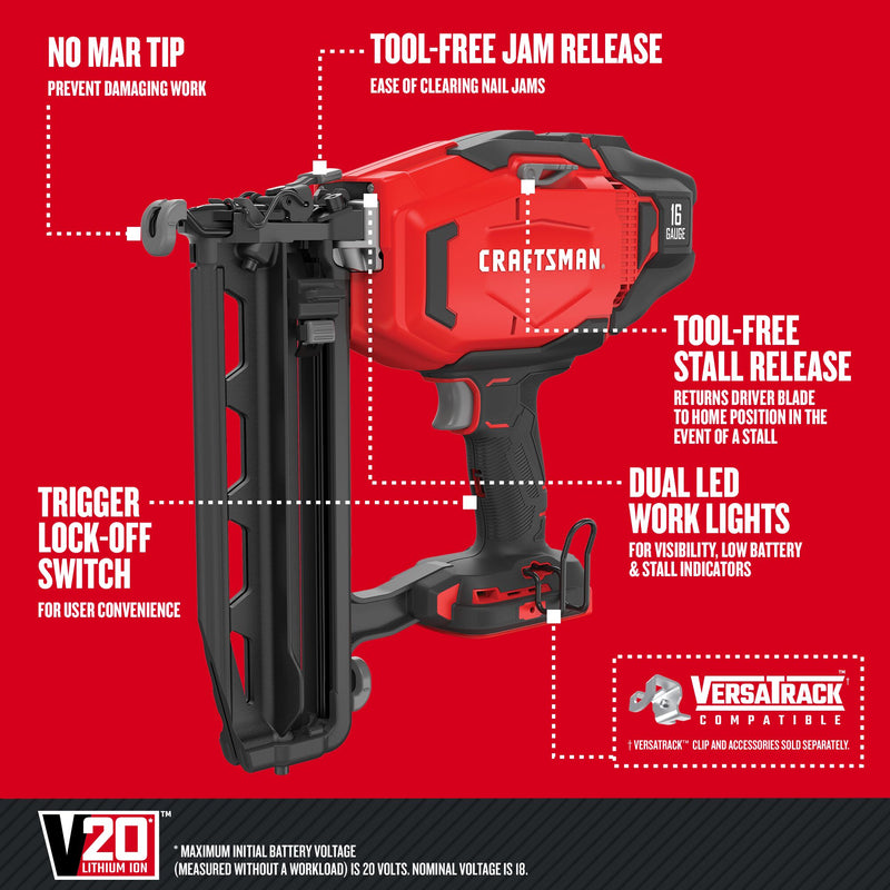 CRAFTSMAN V20* Cordless 16 Gauge Finish Nailer (Tool Only) - Reconditioned