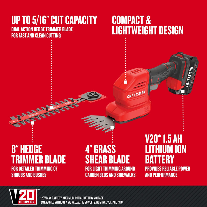 CRAFTSMAN V20* Cordless 2-in-1 8-Inch Hedge Trimmer and 4-Inch Grass Shear Kit with 1.5 Ah Battery and Charger - Reconditioned