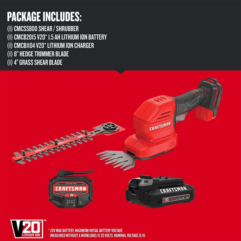 CRAFTSMAN V20* Cordless 2-in-1 8-Inch Hedge Trimmer and 4-Inch Grass Shear Kit with 1.5 Ah Battery and Charger - Reconditioned