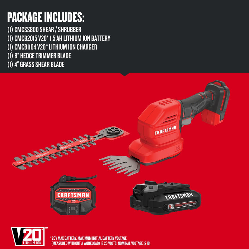 CRAFTSMAN V20* Cordless 2-in-1 8-Inch Hedge Trimmer and 4-Inch Grass Shear Kit with 1.5 Ah Battery and Charger - Reconditioned