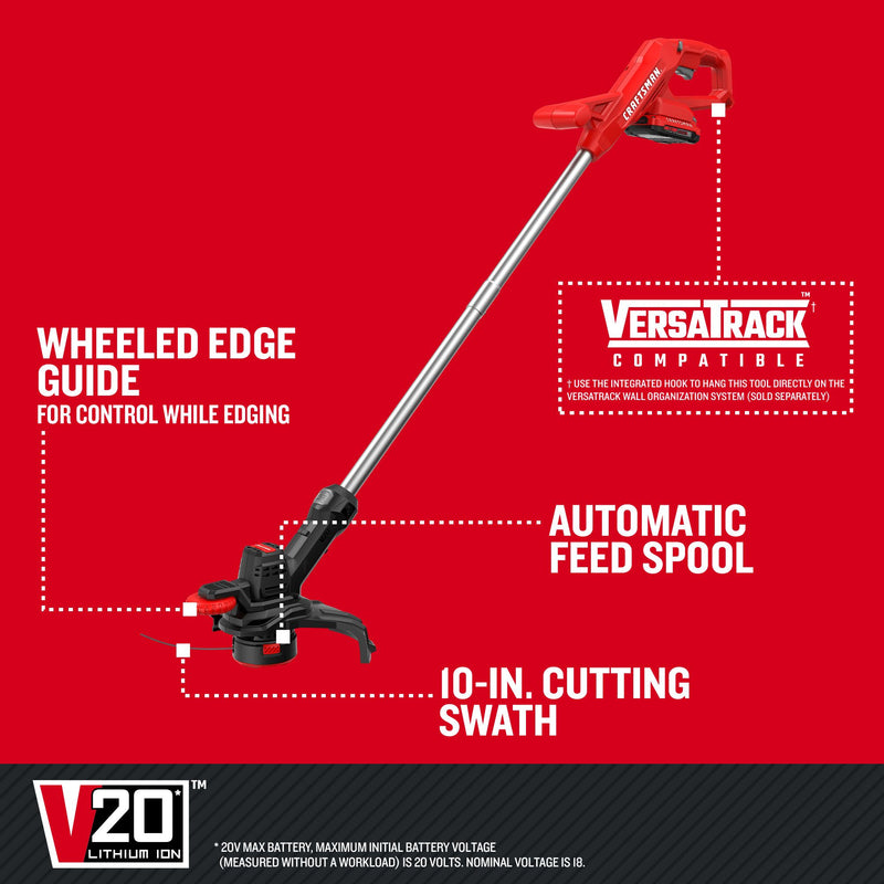 CRAFTSMAN V20* Cordless 10-Inch WEEDWACKER String Trimmer and Edger Kit with (1) 2.0Ah Battery and Charger - Reconditioned
