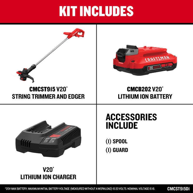 CRAFTSMAN V20* Cordless 10-Inch WEEDWACKER String Trimmer and Edger Kit with (1) 2.0Ah Battery and Charger - Reconditioned