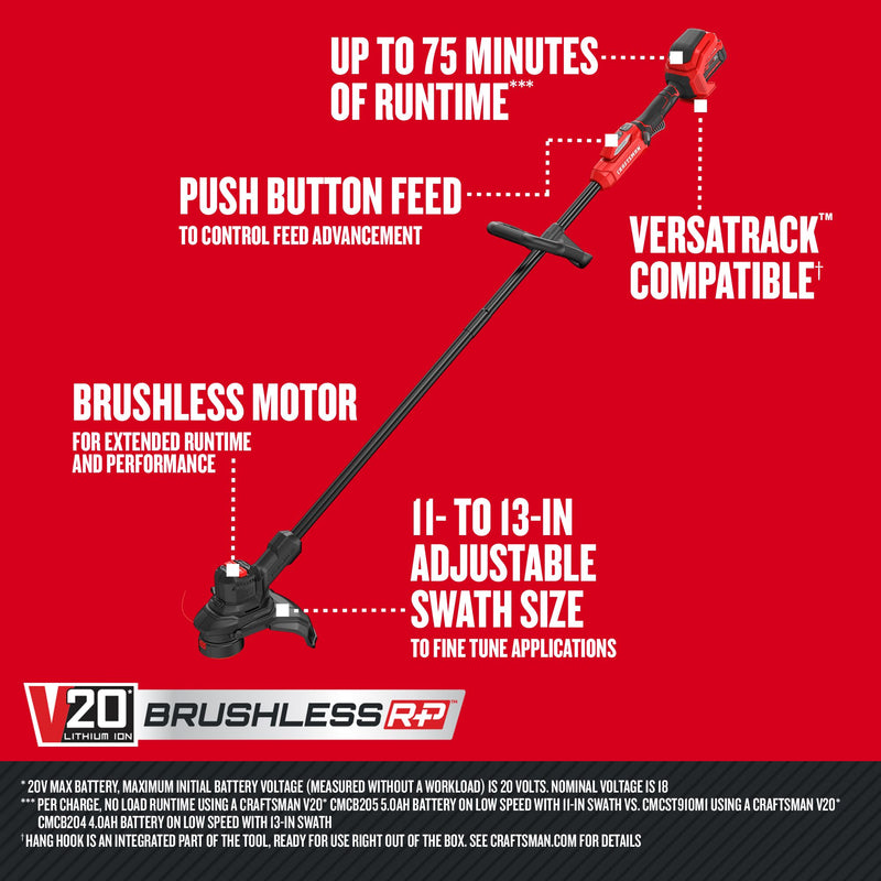 CRAFTSMAN V20* BRUSHLESS RP Cordless Adjustable String Trimmer with (1) 5.0ah Battery and Charger - Reconditioned