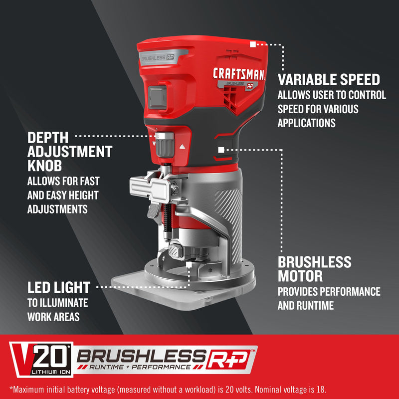 CRAFTSMAN V20* BRUSHLESS RP Cordless Fixed Base Router (Tool Only) - Reconditioned