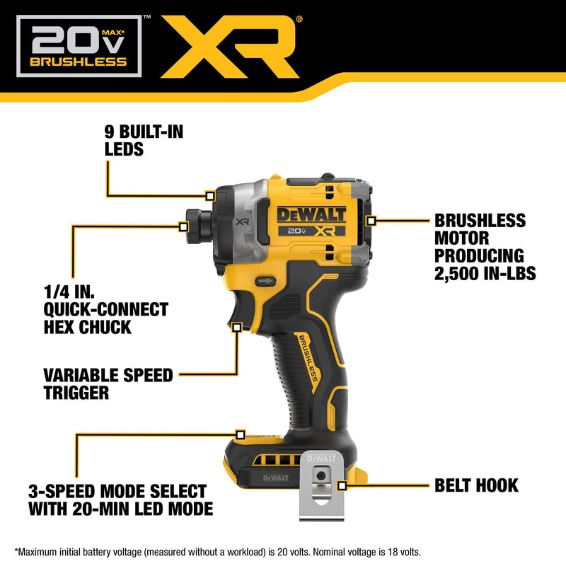 DEWALT 20V MAX* XR Brushless Cordless 3-Speed High Torque 1/4 in. Impact Driver (Tool Only) - Reconditioned
